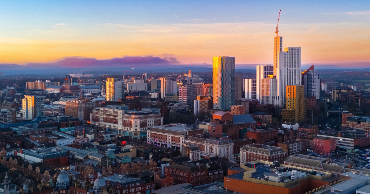 A sunset photo of Leeds city centre.